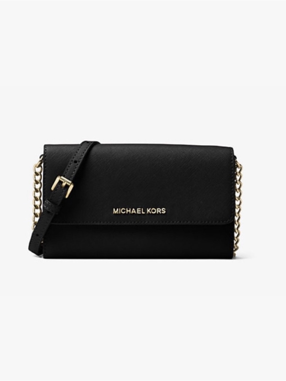 Michael Kors Black Leather Crossbody with Gold Chain Trim
